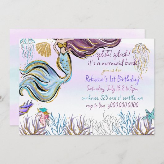 Splish Splash Mermaid Bash Birthday Party 招待状 (正面/裏面)