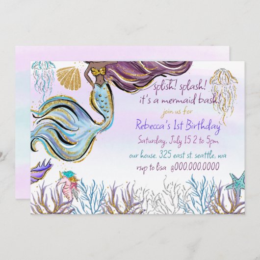 Splish Splash Mermaid Bash Birthday Party 招待状 (正面/裏面)