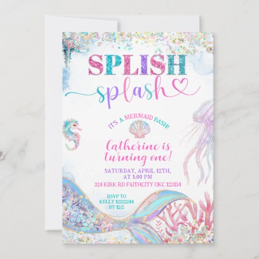 Splish Splash mermaid bash girl birthday invitatio 招待状 (正面)