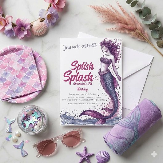 Splish Splash Mermaid Pool Party Birthday  招待状