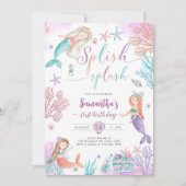 Splish Splash Mermaid Under The Sea Birthday 招待状 (正面)