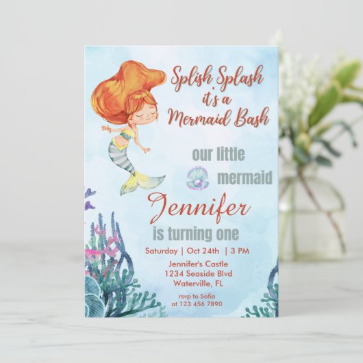 Splish Splash Orang Mermaid Bash 1st Birthday Girl 招待状 (スタンド正面)