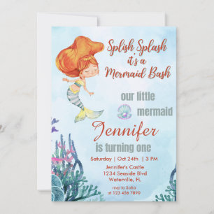 Splish Splash Orang Mermaid Bash 1st Birthday Girl 招待状