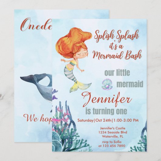 Splish Splash Orang Mermaid Bash Girl 1st Birthday 招待状 (正面/裏面)