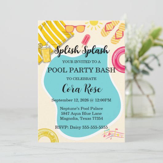 Splish Splash Pool Party Bash Birthday 招待状 (スタンド正面)