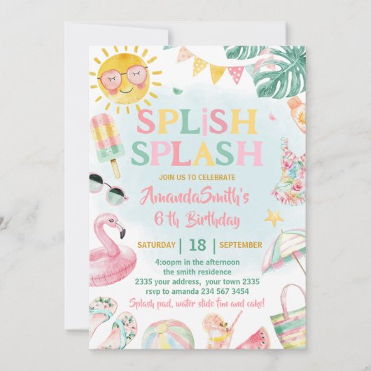 Splish Splash Pool Party Bash Girl Pink Birthday 招待状 (正面)