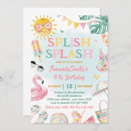 Splish Splash Pool Party Bash Girl Pink Birthday 招待状 (正面/裏面)