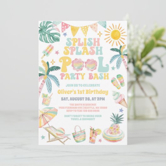 Splish Splash Pool Party Bash Summer Birthday 招待状 (スタンド正面)