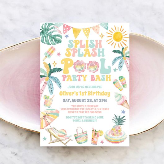 Splish Splash Pool Party Bash Summer Birthday 招待状