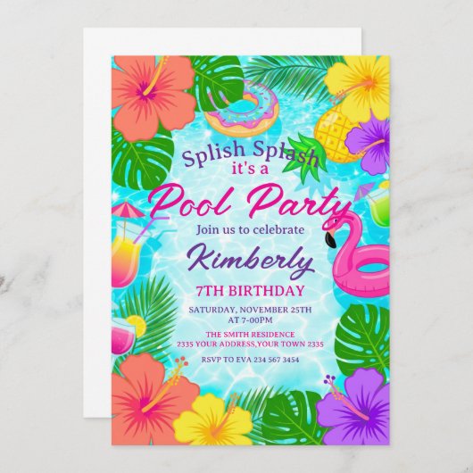 Splish Splash Pool Party Birthday 招待状 (正面/裏面)