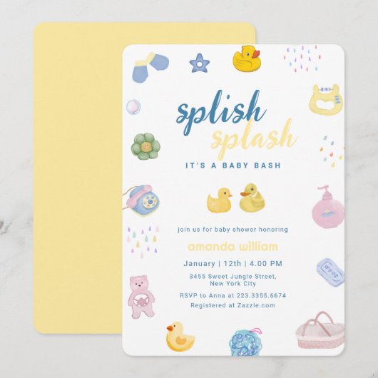 Splish Splash Rubber Duck Bath Baby Shower   招待状 (正面/裏面)