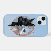 Split Cat Portrait Blue Eyes ✨ Black White Artisti iPhone 15ケース (裏面横)