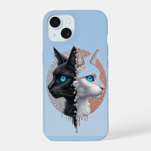 Split Cat Portrait Blue Eyes ✨ Black White Artisti iPhone 15ケース (裏面)