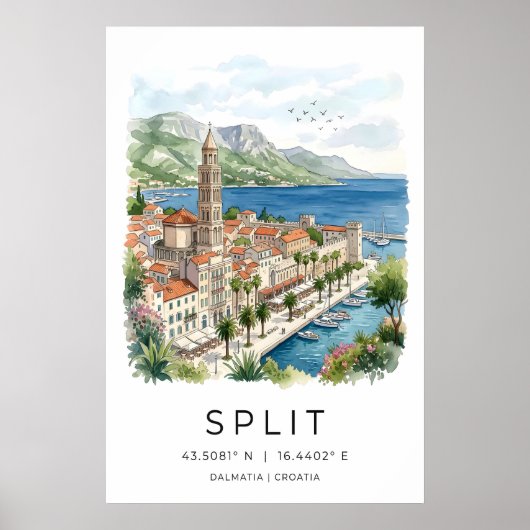 Split Dalmatia Art Print Watercolor Waterfront ポスター (正面)