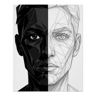 Split Face Low Poly Geometric Line Art Poster ポスター