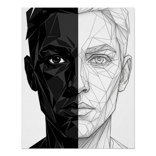 Split Face Low Poly Geometric Line Art Poster ポスター (正面)