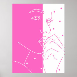 Split Face Pink and White Polka Dot Line Art ポスター