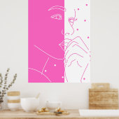 Split Face Pink and White Polka Dot Line Art ポスター (キッチン)