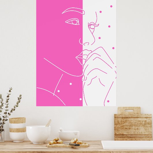 Split Face Pink and White Polka Dot Line Art ポスター (キッチン)