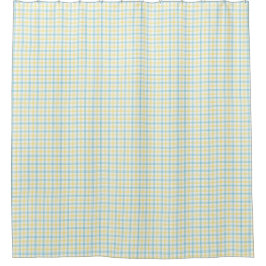 Split image showing a pastel plaid shower curtain シャワーカーテン