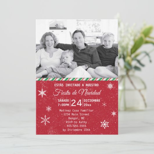 Spnaishの雪片の赤い写真のクリスマス・パーティ 招待状 (スタンド正面)
