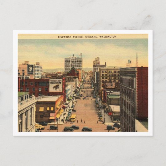 Spokane WA, Riverside Ave 1942ヴィンテージ インスパイア ポストカード (正面)