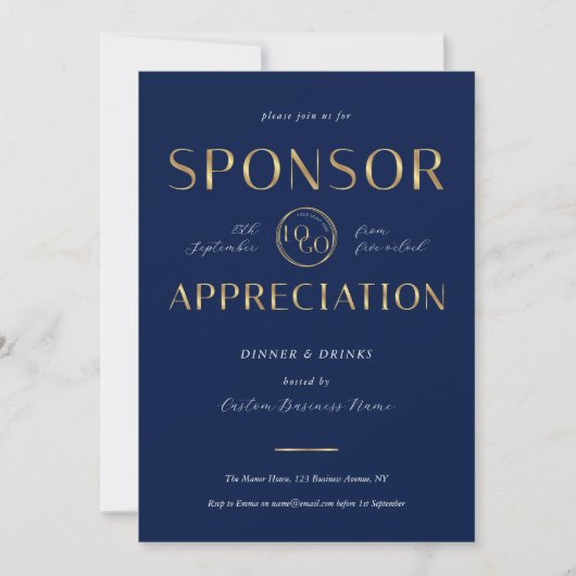 Sponsor Appreciation Navy & Gold Logo Corporate 招待状 (正面)
