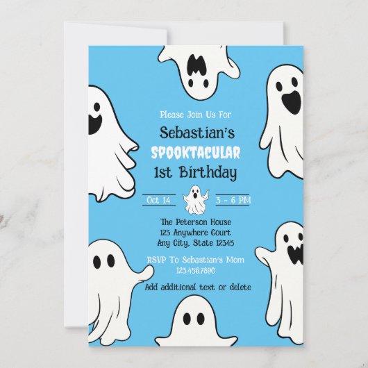 spooktacular 1歳の誕生日 かわいいおばけ ハロウィン 招待状 (正面)