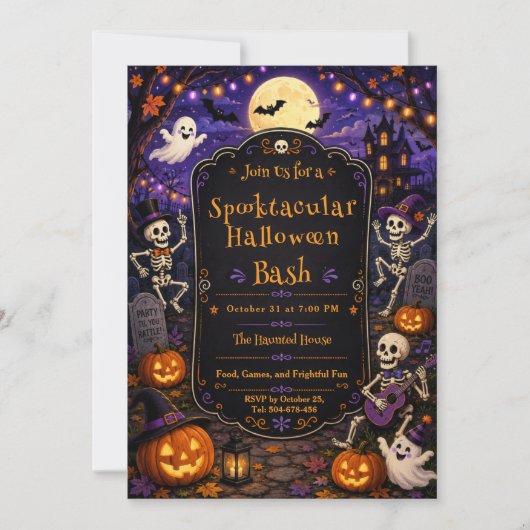 Spooktacular Halloween Bash Skeleton Pumpkin Party 招待状 (正面)