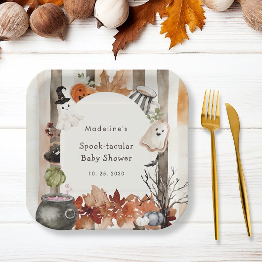 Spooktacular Halloween Ghost Pumpkin Baby Shower ペーパープレート
