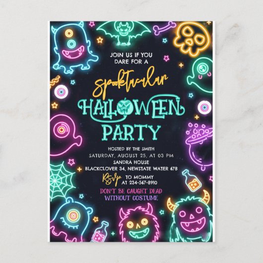 Spooktacular Neon Halloween Birthday Invitation ポストカード (正面)