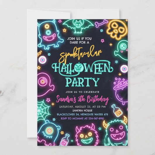 Spooktacular Neon Halloween Birthday Invitation 招待状 (正面)
