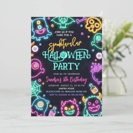 Spooktacular Neon Halloween Birthday Invitation 招待状 (スタンド正面)