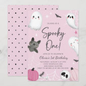 spookyなピンクのゴーストの1歳誕生日招待状 招待状 (正面/裏面)