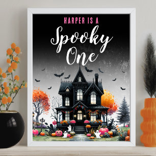 spooky ワンピンクハロウィン1歳誕生日パーティー看板 ポスター