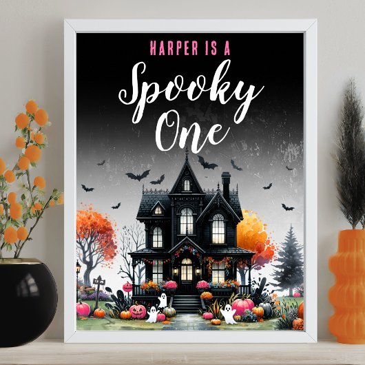 spooky ワンピンクハロウィン1歳誕生日パーティー看板 ポスター