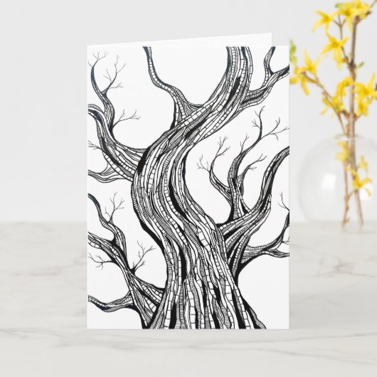 Spooky Abstract Tree Pen Drawing Art Greeting Card カード (黄色い花)