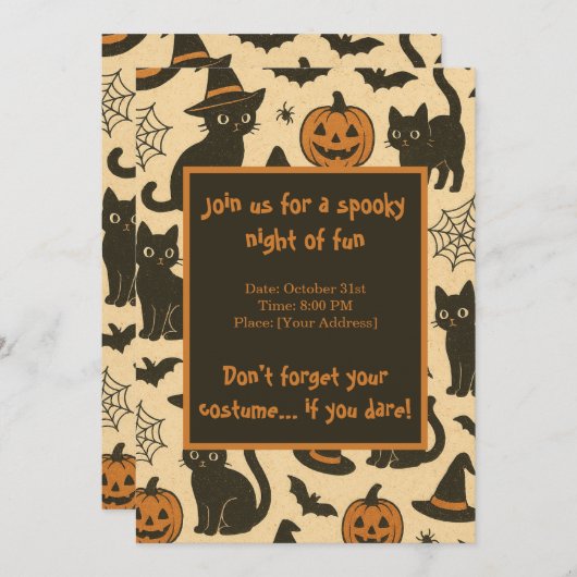 Spooky Black Cat and Pumpkin Halloween Party  招待状 (正面/裏面)