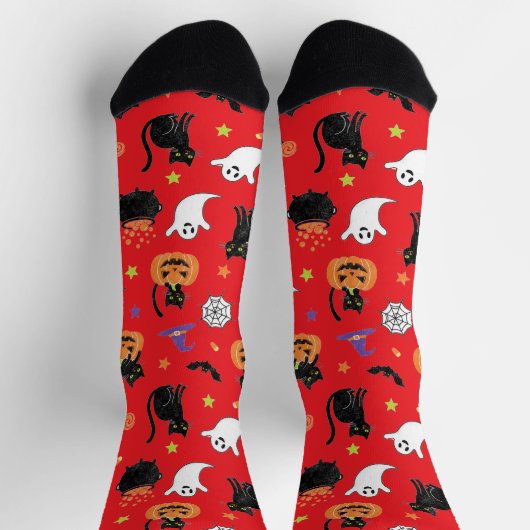 Spooky Black Cat & Ghost Halloween Pattern Socks ソックス (上部)