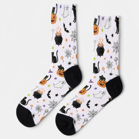 Spooky Black Cat & Ghost Halloween Pattern Socks ソックス (左)