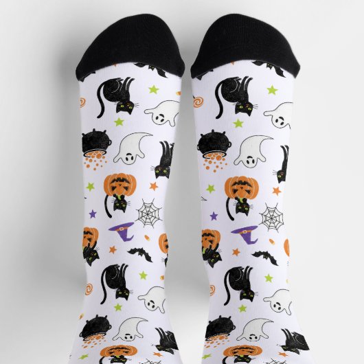 Spooky Black Cat & Ghost Halloween Pattern Socks ソックス (上部)