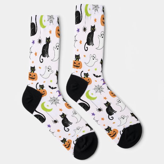 Spooky Black Cat & Ghost Halloween Pattern Socks ソックス (右)
