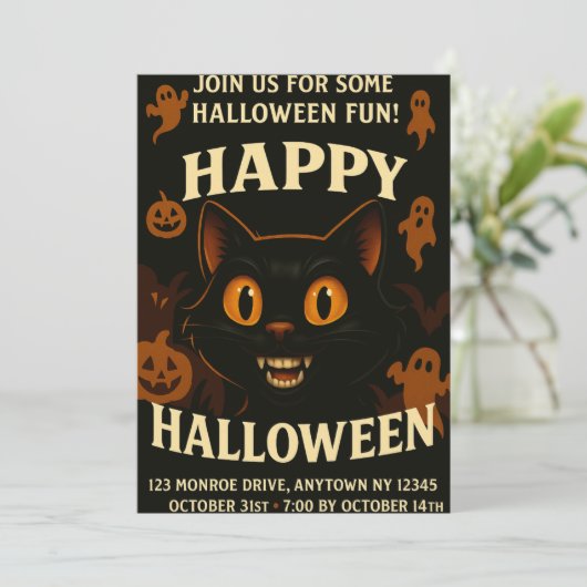 Spooky Black Cat Halloween Party 招待状 (スタンド正面)
