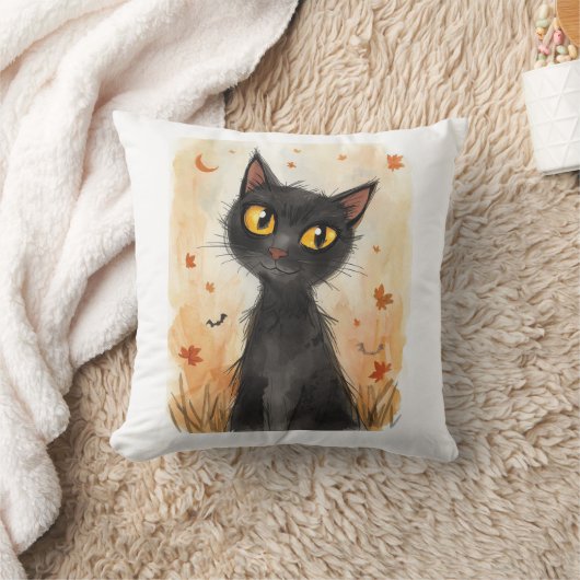 Spooky Black Cat Halloween Throw Pillow. クッション (ブランケット)