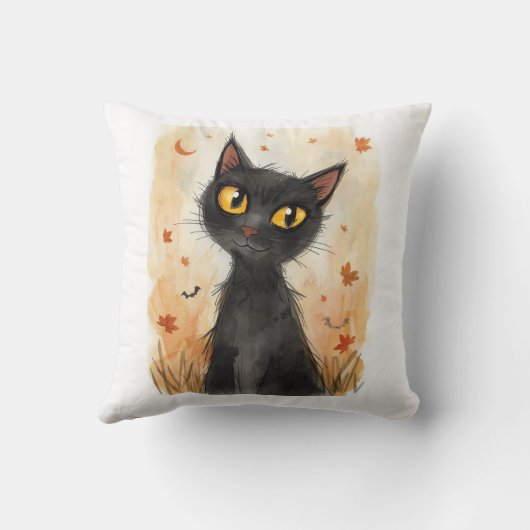 Spooky Black Cat Halloween Throw Pillow. クッション (裏面)