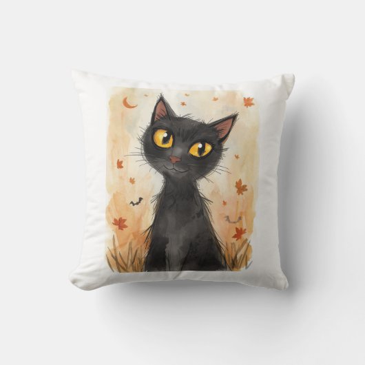 Spooky Black Cat Halloween Throw Pillow. クッション (正面)