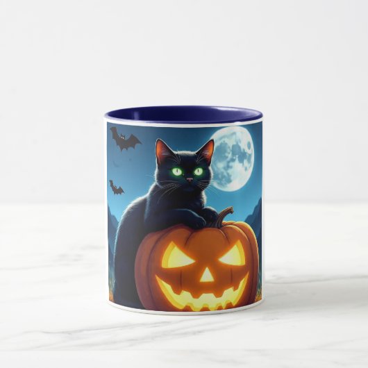 Spooky Black Cat on Pumpkin Halloween Mug マグカップ (中央)