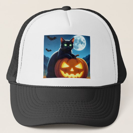 Spooky Black Cat on Pumpkin Halloween Trucker Hat キャップ (正面)