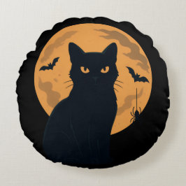 Spooky Black Cat Silhouette Halloween Gothic Cat  ラウンドクッション