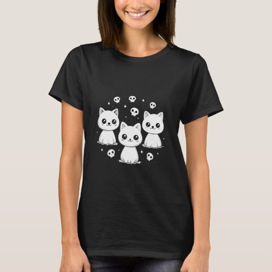 Spooky Cat Ghosts Retro Halloween Women Girls Tシャツ (正面)